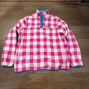 Lands End Women's TALL Buffalo Plaid Pullover Snap Closure fleece Pink White XLT